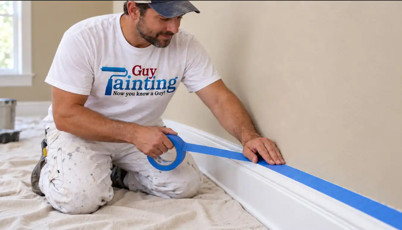 Guy Painting painter applying blue painter's tape along a white baseboard