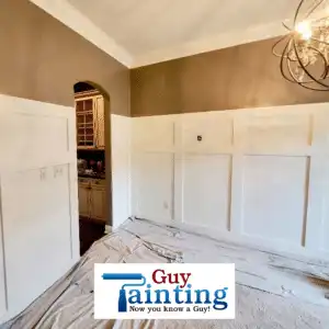 White judge's paneling wainscoting on a dining room wall