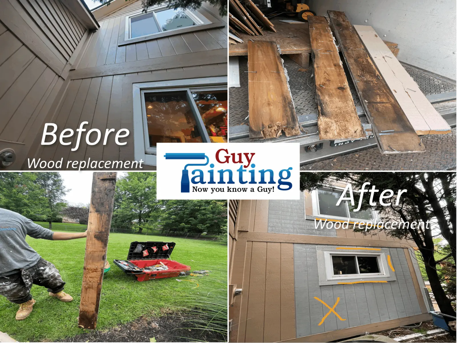 Wood replacement before and after.