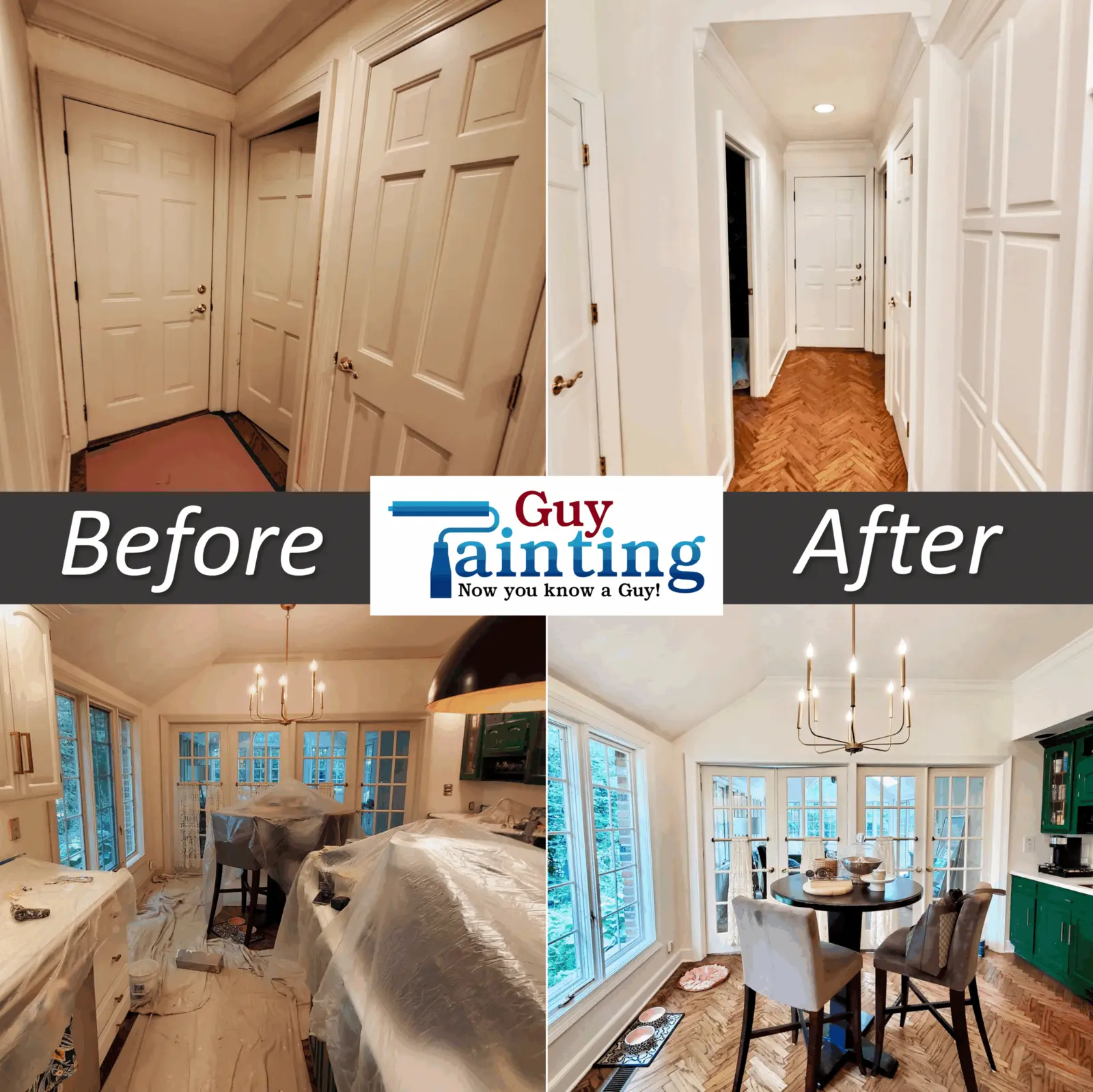 Interior painting before and after with white walls.