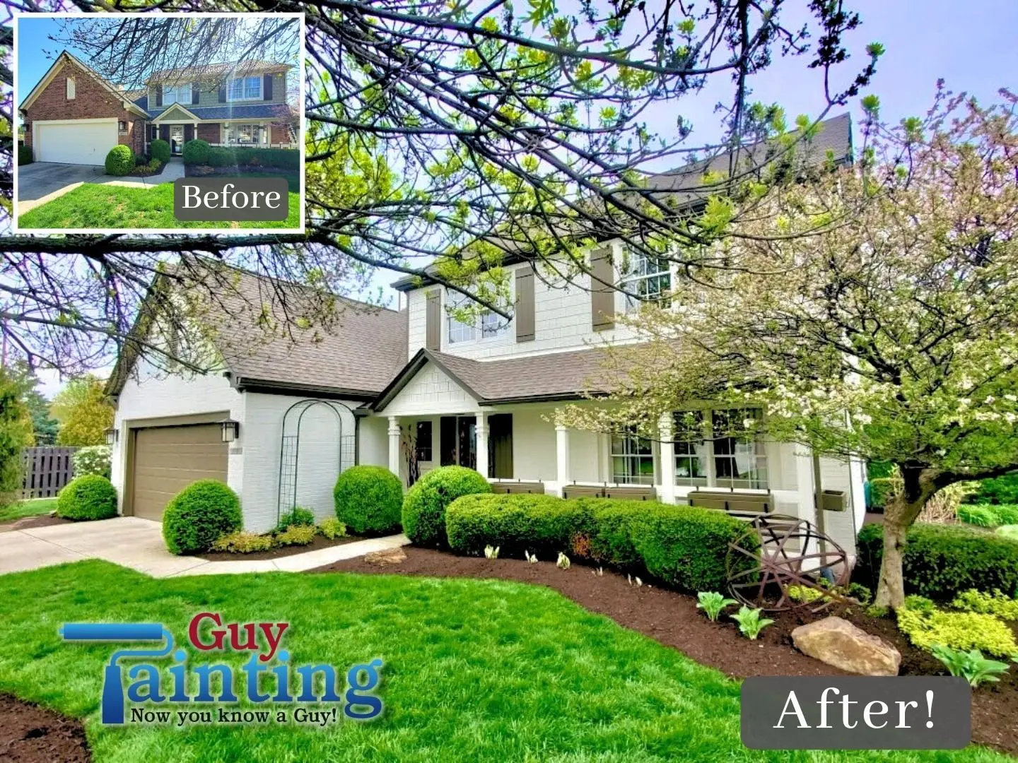 A front-view "Before and After" transformation that perfectly illustrates the impact of professional exterior painting Carmel, Indiana. The "Before" inset shows a traditional residential exterior with a red brick garage gable and olive green horizontal siding. The main "After" image showcases a clean, unified aesthetic where the Guy Painting team has coated both the brick and siding in a bright white finish. To complete the modern look, the garage door, shutters, and gutters were updated with a dark bronze accent. This project highlights how exterior painting Carmel, Indiana can bridge different textures like masonry and wood to create a seamless and high-end modern curb appeal.