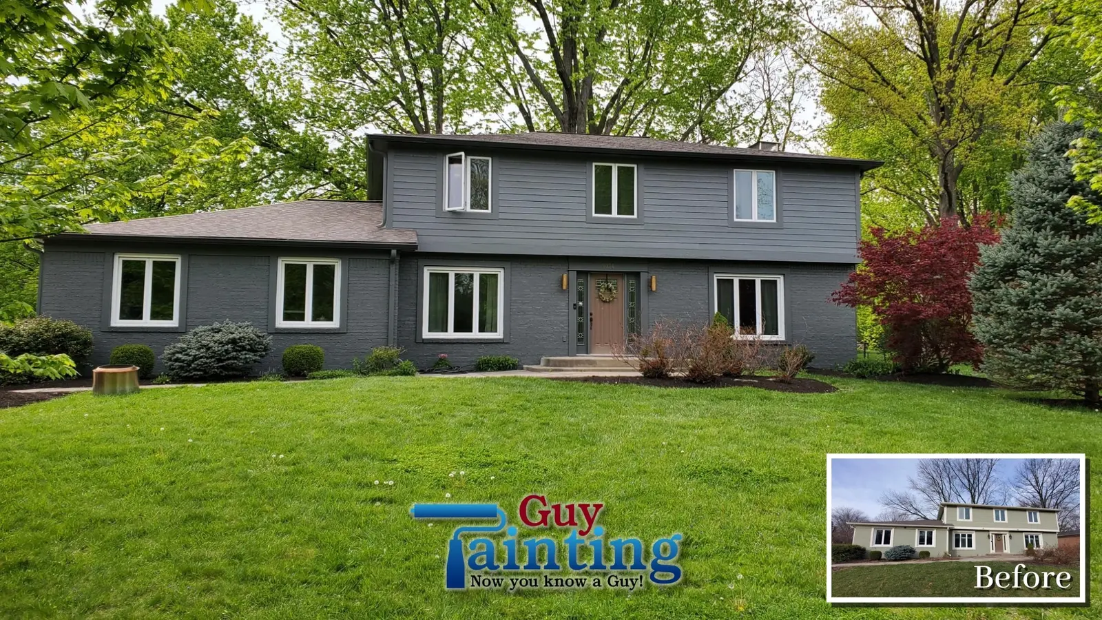 A side-by-side "Before and After" collage showcasing a complete residential transformation through expert exterior painting and repair. The "Before" image displays a traditional home with light-colored siding and standard white trim. The large "After" image reveals a modern, sophisticated look with a deep gray body and bold black trim accents. The Guy Painting team ensured all surfaces were properly prepped and addressed necessary exterior painting and repair needs before applying the high-contrast finish to the mixed siding and brick substrates.