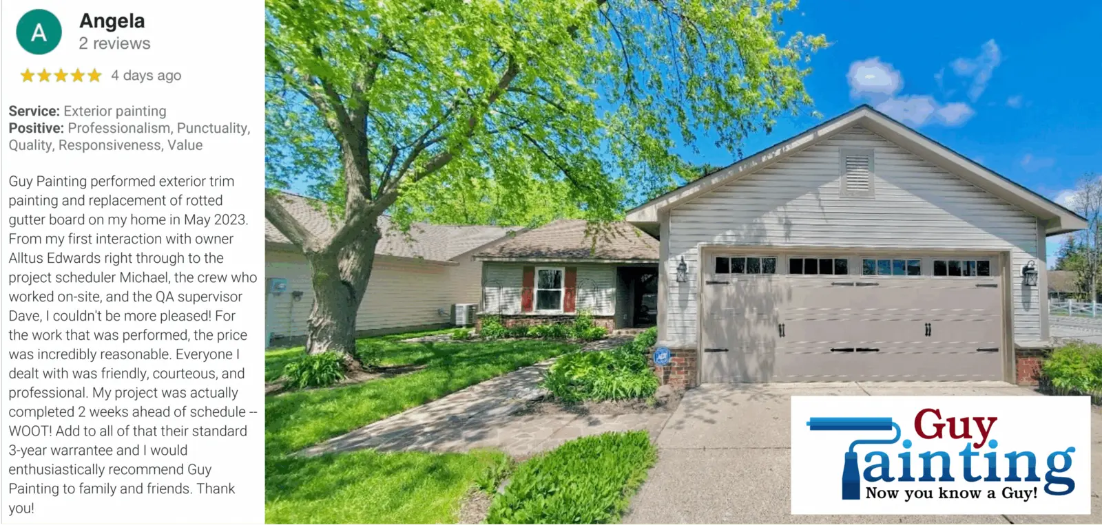 Five-star customer testimonial from Angela alongside a Westfield home with white siding and dark garage doors.