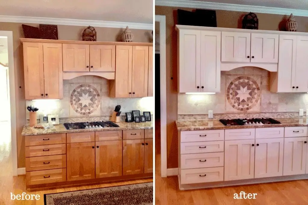 A split-frame comparison showcasing a professional kitchen transformation through whitewash oak cabinets before and after painting by the guy painting team. The "Before" side on the left displays original light-colored oak cabinetry with a visible wood grain and dated finish. The "After" side on the right reveals a stunning modernization, where the same cabinets have been refinished in a crisp, clean white. This update by guy painting highlights the seamless coverage over the ornate tile backsplash and stone countertops, significantly brightening the space and providing a contemporary look for this Geist area home.