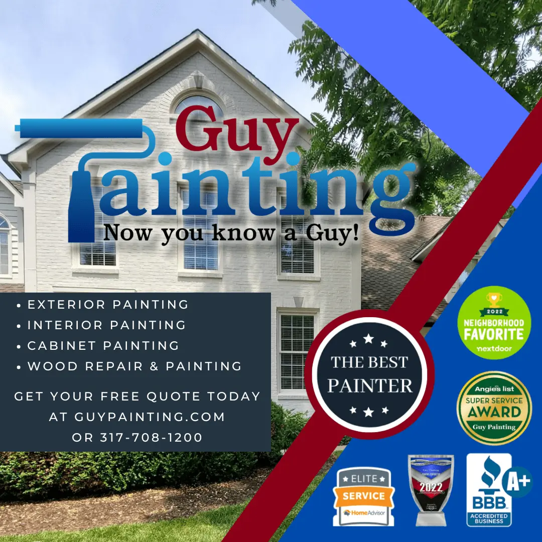 Guy Painting promo graphic featuring core services and industry accolades in front of a two-story brick home.