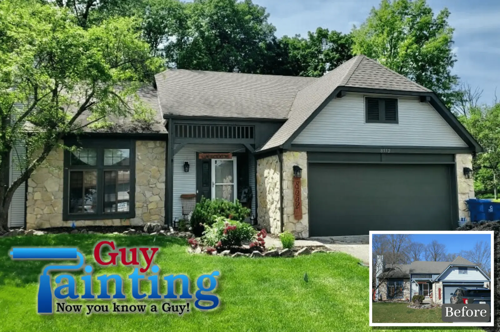 A dramatic before and after transformation provided by an exterior home painter near me in Geist. The main image shows a beautiful "After" result where the light siding is complemented by a bold dark charcoal gray update on the trim, garage door, and decorative porch gable. The inset "Before" photo reveals the original dated blue-gray trim and garage, illustrating how the Guy Painting team can modernize a home’s aesthetic. The professional finish works perfectly with the existing stone masonry, delivering a clean and contemporary look for this residential property.