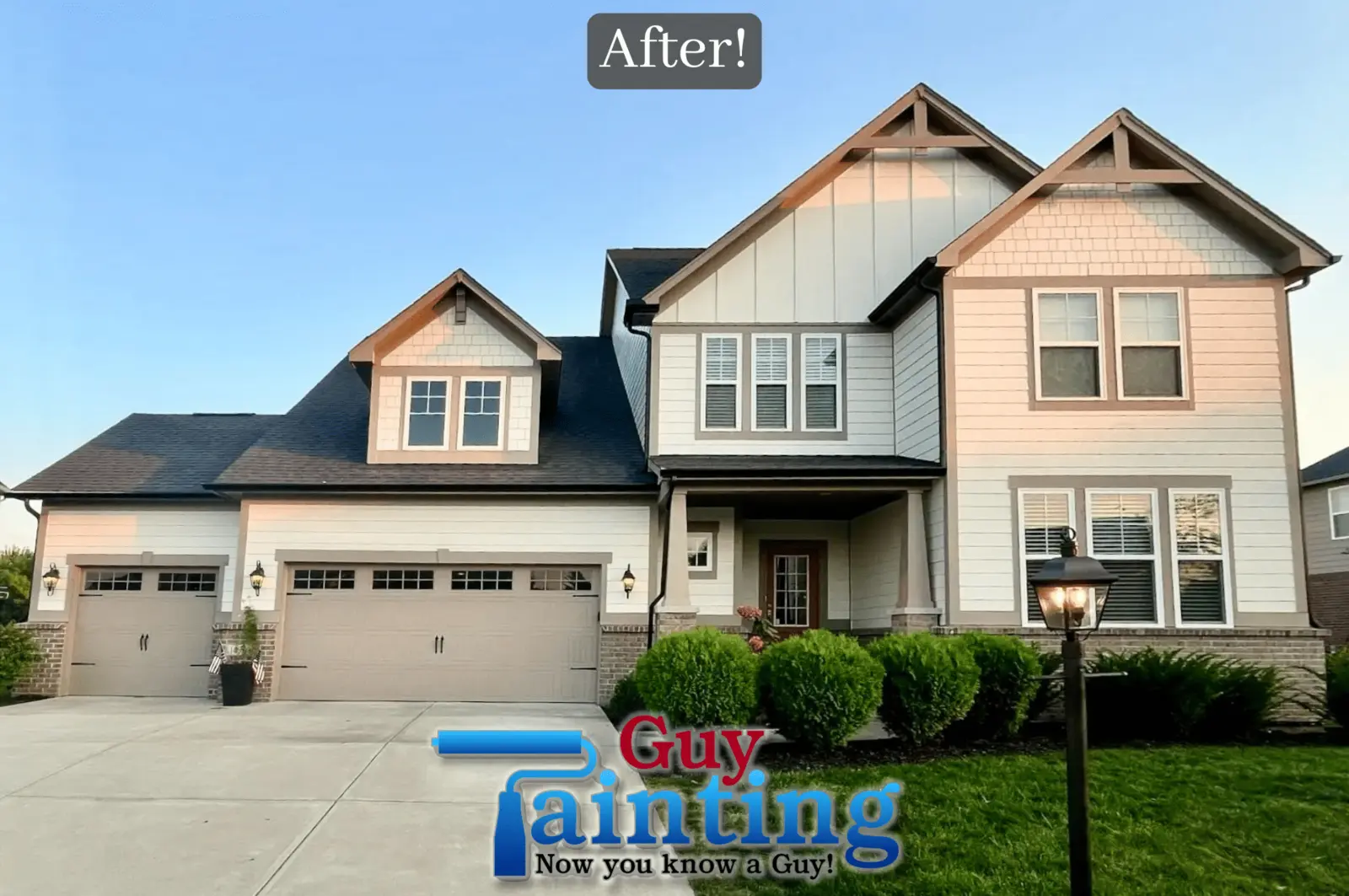 Home exterior painted Natural Choice with Keystone Gray trim