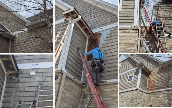 Multi-panel collage of a residential siding restoration project including damaged cedar shingles and weather barrier installation.